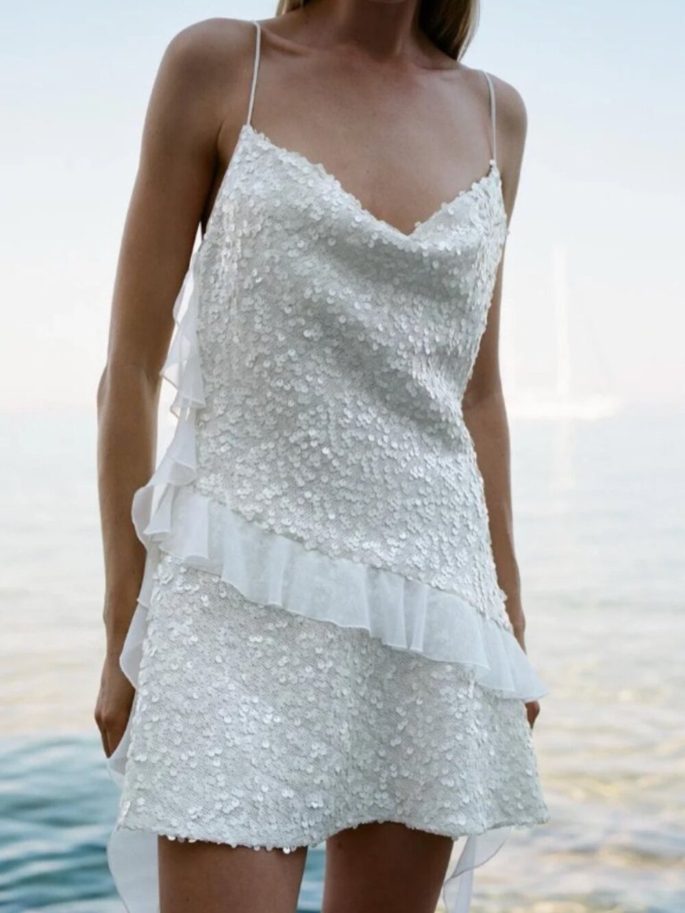 Zara Sequin Ruffle White Mini Dress